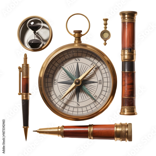 Vintage compass and other navigation tools isolated on transparent background