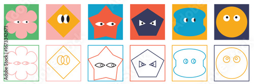 Cute abstract cartoon doodle characters with eyes. 
Collection of colorful abstract doodle shapes with cartoon eyes, playful expressions and outlines, perfect for kids . Hand drawn trendy style. 