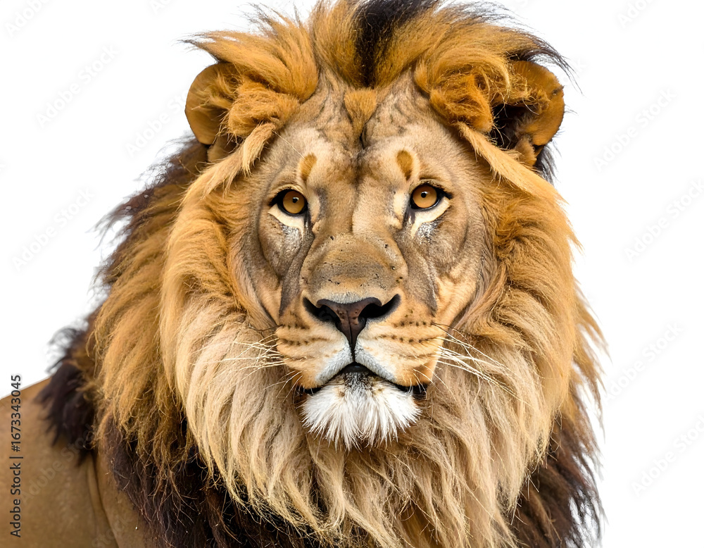 Fototapeta premium Majestic male lion portrait, intense gaze, golden mane, isolated background.