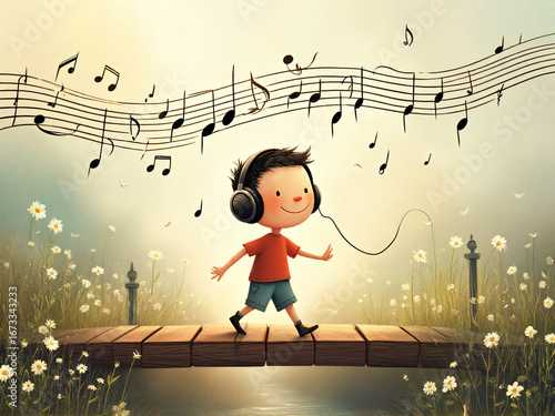 Boy with headphones on wooden bridge