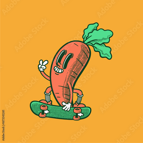 Groovy carrot character in retro cartoon. Mascot, vector, icon, colection, sticker, vintage, illustration, set, funny, logo, comic, vintage, line art, logo, vegetable, veggies