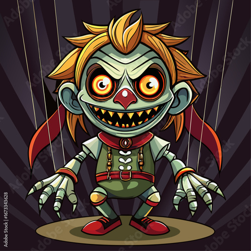 Creepy clown puppet with sharp teeth and glowing eyes on a dark striped background isolated on white background isolated on transparent background