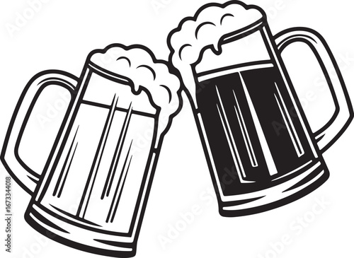 Beer Mugs Cheers Illustration – Toasting Glasses with Foam and Splash Vector Design