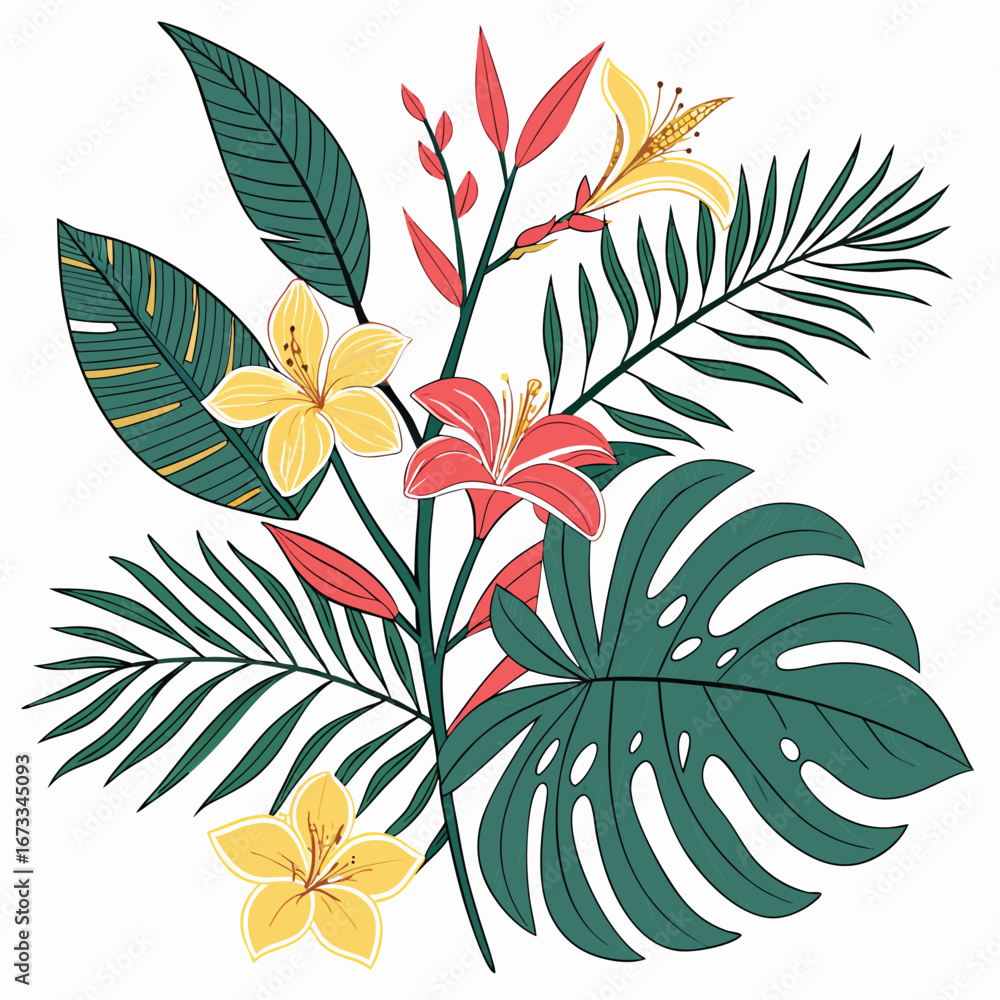 Obraz premium Vibrant tropical floral arrangement with green leaves and colorful flowers