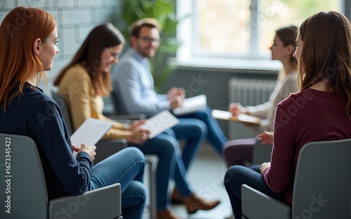 Close up view of young people sitting in chairs with folders before the job interview in the waiting room. High quality