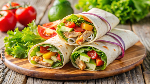 Delicious chicken wraps with vegetables on a wooden plate