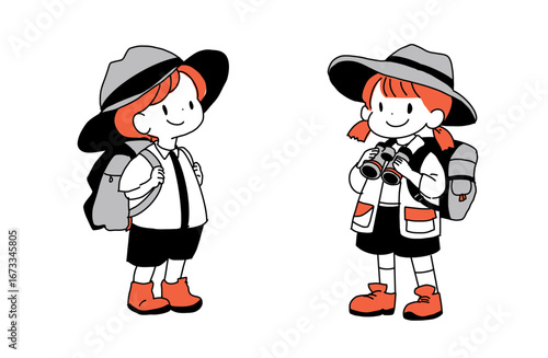 Hand-drawn vector illustration of cute explorer children with hats and backpacks – adventure-themed simple cartoon style