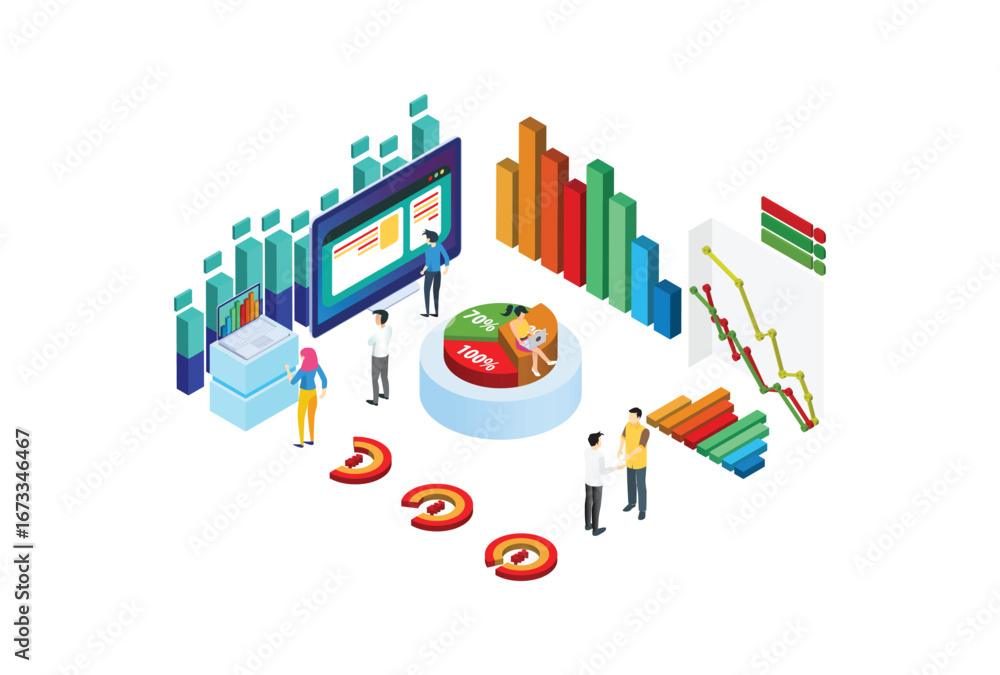 Obraz premium Modern Isometric Chart Analysis Illustration, Web Banners, Suitable for Diagrams, Infographics, Book Illustration, Game Asset, And Other Graphic Related Assets
