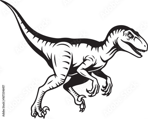 : A detailed line drawing of a Velociraptor in motion. The dinosaur is depicted in profile view, its powerful legs poised for a swift run, sharp claws extended.