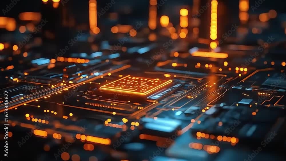 modern full of glowing neon lights, presenting a cyberpunk and high-tech atmosphere.