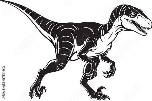 A striking monochrome illustration depicts a Velociraptor in motion. The dinosaur's powerful legs propel it forward, its sharp claws and teeth visible in detail.