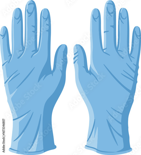 This illustration depicts a pair of light blue nitrile medical gloves presented in a pixel art style. 