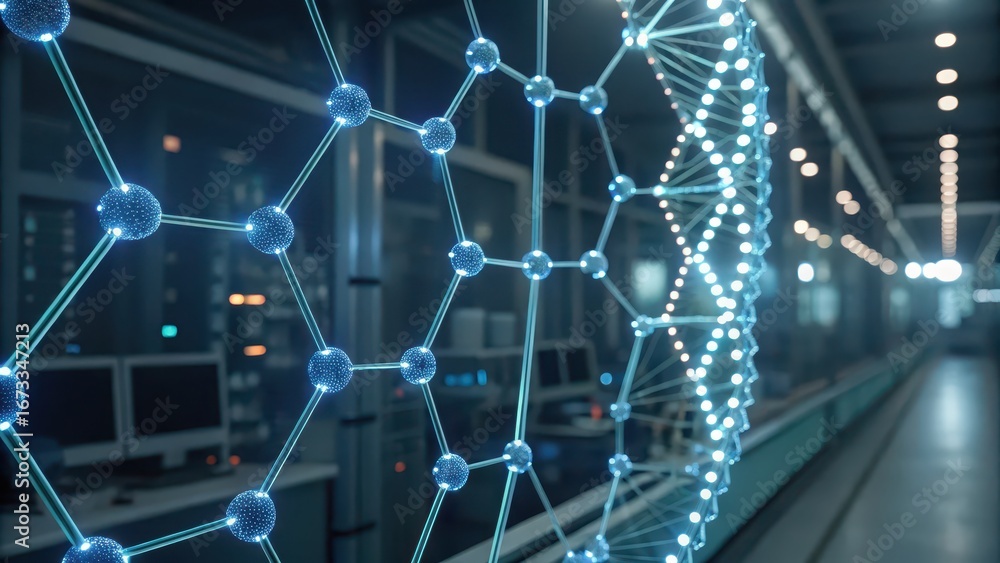 Fototapeta premium futuristic genetics visual Futuristic laboratory featuring molecular structures and advanced technology displays.