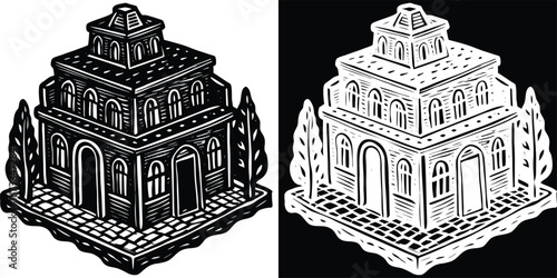 Striking woodcut style building with arched windows and surrounding trees, a classic architectural study.