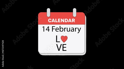 Calendar icon animation showing 14 February Valentine’s Day symbolizing love romance holiday celebration reminder event concept digital motion graphic design festive element.