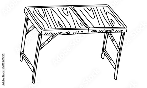 Foldable doodle table, hand-drawn. Open collapsible table for placing food. Graphics, engraving, shading. Drawing in black ink, marker, liner designing postcards, packaging. Picnic, tourism, camping