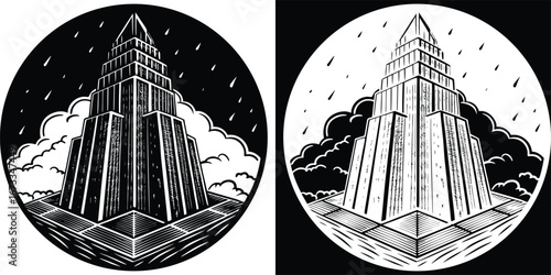Dramatic art deco skyscraper emerges from storm clouds with rain streaks creating a powerful urban scene