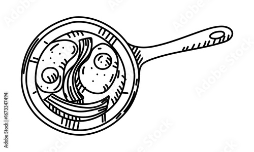 Bacon and egg in a frying pan doodle, hand-drawn. Fried food, outdoor snack. Graphics, engraving, shading. Black ink drawing, marker, liner for designing postcards. Picnic, hiking, camping. Top view