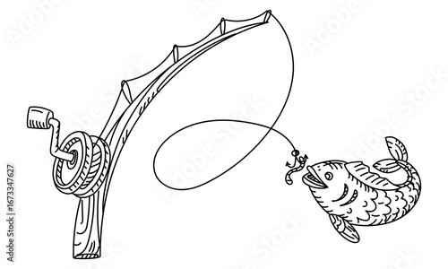 Wooden fishing rod with a fish on the hook, in doodle. Catching a worm, big fish. Good fishing. Graphics, engraving, and shading. Black ink drawings, marker. Design postcards. Picnics, hiking, camping