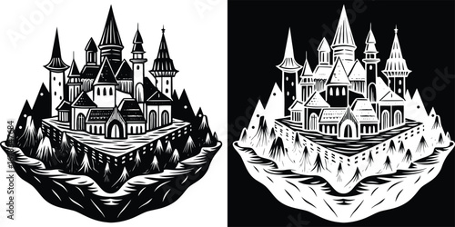 Majestic fantasy castle perched atop a dramatic mountain landscape, evoking enchantment and adventure