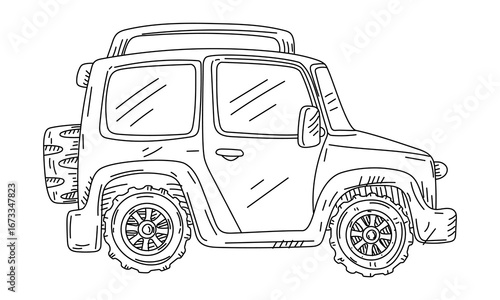 Jeep car sideways, doodle. Modern car with large wheels for trips of any complexity. Graphics, engraving, shading. Drawings in black ink, marker. Design postcards, packaging. Picnics, hikes, camping