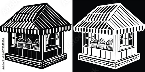 Charming food stall with striped awning offering fresh produce, evoking a delightful market atmosphere for culinary themes.