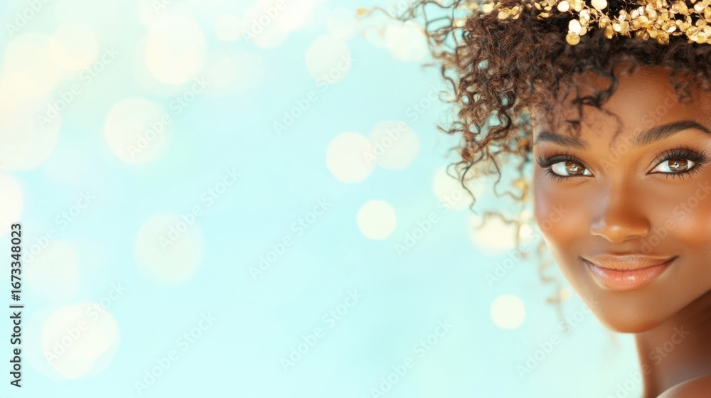 Fototapeta premium African woman with curly hair poses against a blue background.