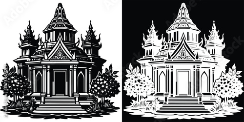 Stunning traditional Thai temple architecture with ornate roofs and lush foliage in a striking black and white design