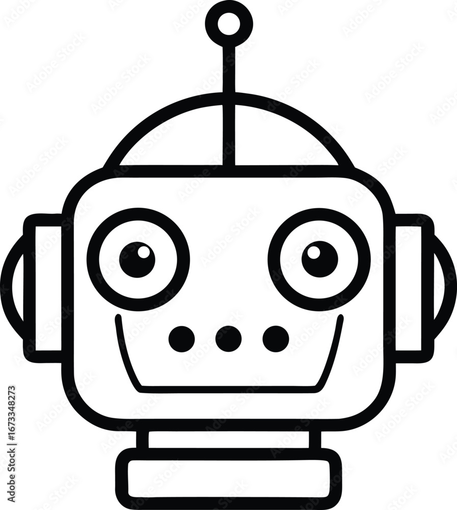 Naklejka premium Friendly Cartoon Robot Head: Black and White Line Art Illustration, Cheerful, Childlike Design
