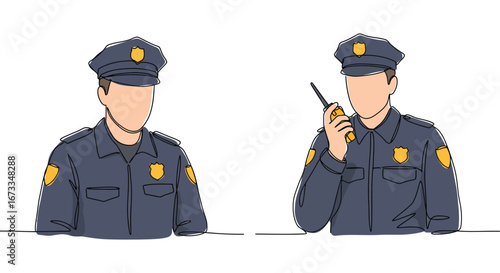 Two cartoon police officers in uniform with yellow badges and radio