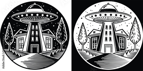 Mysterious alien spacecraft descends upon a suburban house under a starry night sky creating an eerie atmospheric scene