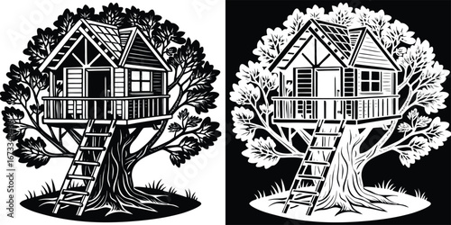 Whimsical treehouse sanctuary nestled within a majestic tree, inviting childhood adventure and peaceful escape