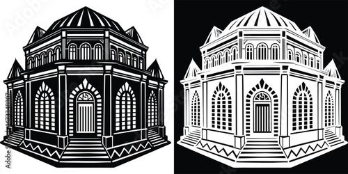 Striking black and white illustration of a grand domed building with arched windows and classical architectural elements