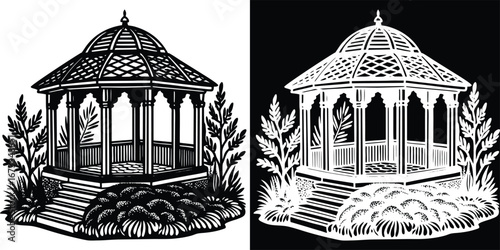 Elegant garden gazebo with ornate details and lush foliage creates a serene outdoor sanctuary