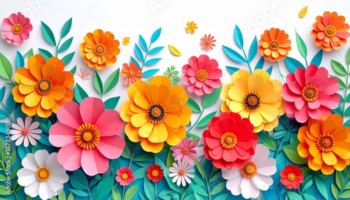 A vector illustration of a seamless pattern of colorful spring flowers, including daisies, blossoms, and leaves, on a vibrant floral design