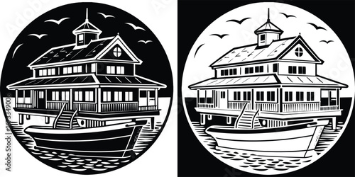Iconic waterfront house on stilts with boat docked beside, evoking coastal charm and serene seaside living