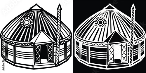 Iconic yurt dwelling with traditional sun symbol and chimney, bold black and white graphic