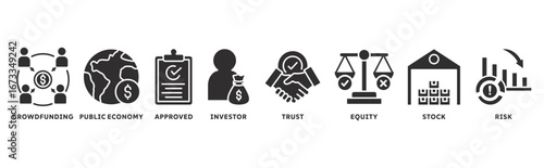 IPO icon set illustration concept with icon of crowdfunding, public company, approved, investor, trust, equity, stock, risk