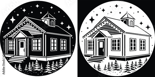 Charming house nestled under a starry night sky with pine trees, evoking cozy winter nights and peaceful rural living.