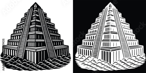 Stunning ancient ziggurat structure with tiered levels and dramatic staircases against water elements