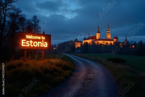 Welcome to Estonia – glowing Baltic forest sign near Tallinn’s medieval towers at twilight, wide panoramic 4K.
