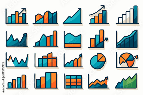 Modern chart and graph icons — bars, lines, pies, and dashboards in clean flat vectors for presentations, UI kits, and business reports