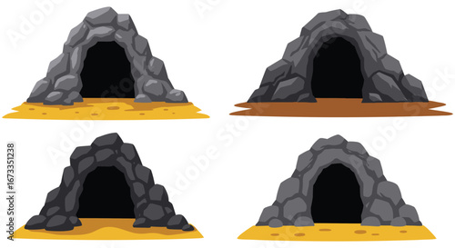 Four cartoon cave entrances with different colored sandy grounds