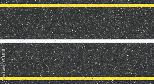 Close up aerial view of a textured asphalt road surface with bright yellow and white lane dividing lines creating a graphic pattern