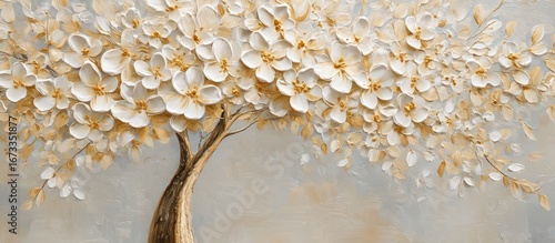 Elegant floral tree with white blossoms and golden accents in a textured painting style