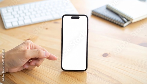 Wallpaper Mural Close-up of a hand pointing to a modern mobile phone with a blank white screen on a work desk, featuring concept  Torontodigital.ca