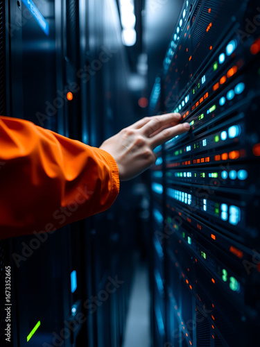 Close-up of hands working on a server rack with glowing lights. The person is wearing an orange jacket. The setting appears to be a dark server room