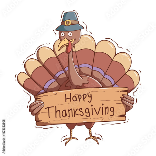 cute turkey with happy thanksgiving board vector illustration