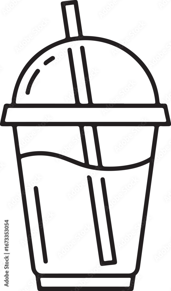 Obraz premium Simple outline drawing of a cold drink in a plastic cup with a straw