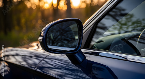 Wallpaper Mural Car Side Mirror Reflection in Golden Sunlight with Blurry Trees Background Automotive Design Torontodigital.ca